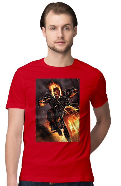 Футболка чоловіча з принтом "Пекельний Гонщик". Вогонь, мотоцикл, пекельний гонщик, скелет, чоппер. 2070702