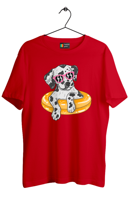 Футболка чоловіча з принтом "Далматинець Плаває У Колі". Далматинець, окуляри, плавати, собака. 2070702