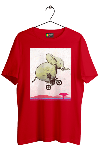 Футболка чоловіча з принтом "Слон На Мотоциклі". Мотоцикл, політ, слон. 2070702