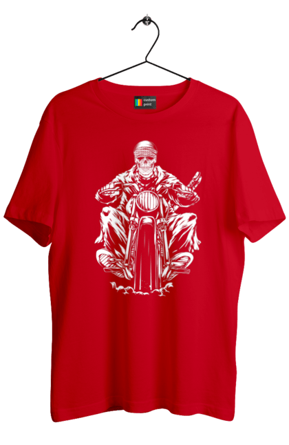 Футболка чоловіча з принтом "Череп на мотоциклі". Байкер, мотоцикл, скелет, череп. 2070702