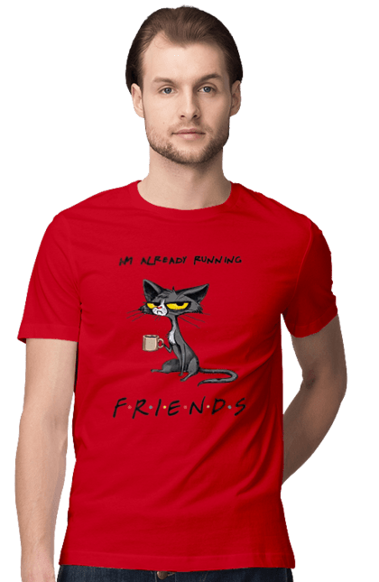 Футболка чоловіча з принтом "Друзі, вже біжу". Вже біжу, відвали, друзі, йди нахуй, кіт з чашкою, не вчіть жити, пародія серіал, сам собі друг, самотність сука, серіал кіт. 2070702