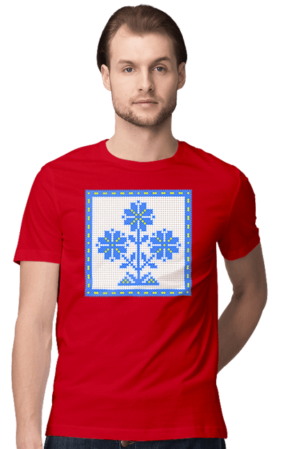 Футболка чоловіча з принтом "Жовто блакитна вишивка квіти". Вишивка, вишивка хрестиком, квіти, символ україни, традиції україни, україна. 2070702