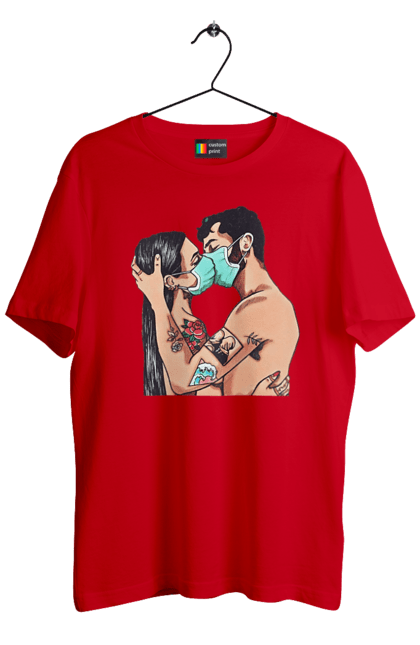 Men`s t-shirt with prints Coronavirus Love. Coronavirus, kiss, love, mask, quarantine. 2070702