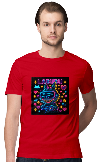 Футболка чоловіча з принтом "Лабубу". Vrочки, геймеркультура, геймпад, іконкиаркади, кіберарт, лабубу, неонгеймінг, піксельарт, ретроаркада, світиться. 2070702