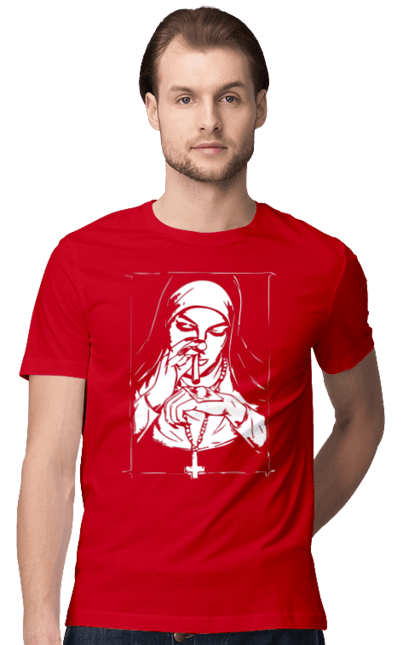 Футболка мужская с принтом Монашка нюхает порошок. Крест, крутая, модная, молодежная, монашка, монашка нюхает порошок, популярная. 2070702