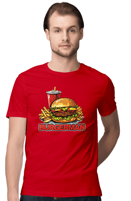 Футболка чоловіча з принтом "Burgerman". Бургер, для чоловіків, їжа, літні, макдональдс, прикольні, трендові, фаст фуд, чоловічі. 2070702