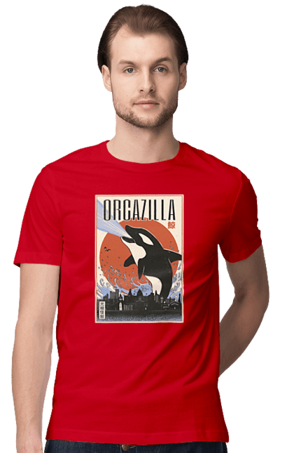 Men's t-shirt with prints Orcazilla. Cartoon style design, graphic, japan print, japanese, japanese art, japanese poster, japanese poster orca, ocean wildlife, orca, orcazilla. 2070702