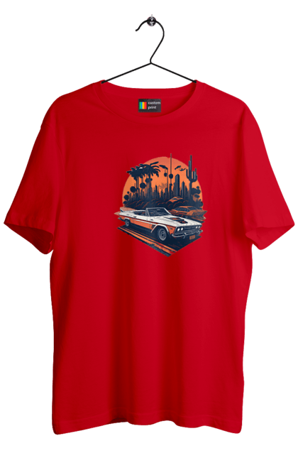 Футболка чоловіча з принтом "Гарне авто на закаті". Авто, закат, захід сонця, солнце, сонце. 2070702