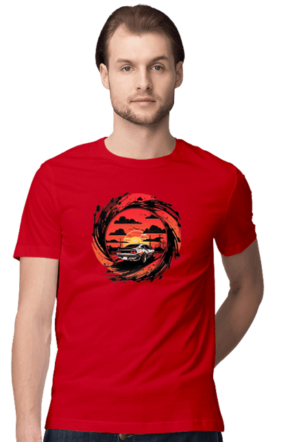 Футболка чоловіча з принтом "Феррарі на заході сонця". Авто, автомобіль, машини, феррарі. 2070702