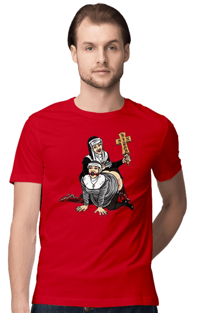 Футболка чоловіча з принтом "Монашки БДСМ". Бдсм, крута, модна, молодіжна, плескає по дупі, рок, рольові ігри, черниці бдсм, черницю, черниця. 2070702