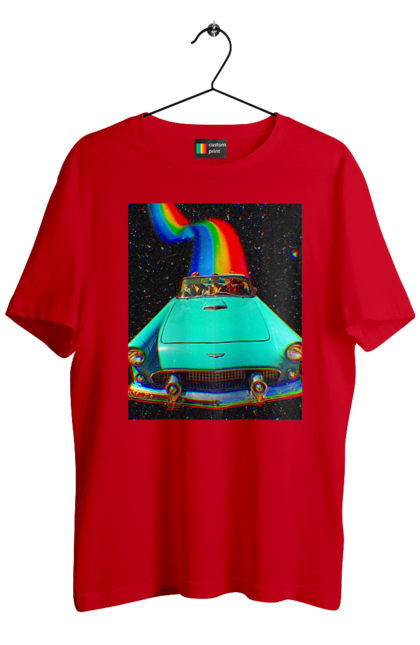 Футболка чоловіча з принтом "Картина, машина у космосі". Веселка, картина, космос, машина, подорожі, поїздка, прикол, ретро. 2070702