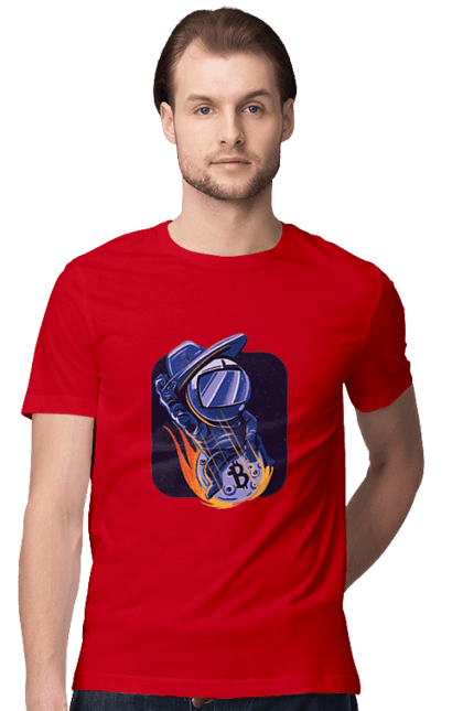 Футболка чоловіча з принтом "Космо біткоїн". Биткоин, бінарний, біткоїн, біткойн, валюта, гроші, крипто, програміст, хакер. 2070702