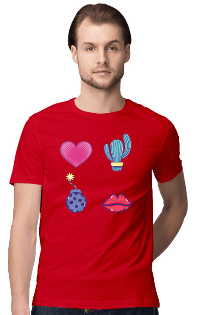Футболка чоловіча з принтом "Серце, Кактус, Бомба, Губи". Бомба, губи, кактус, серце. 2070702