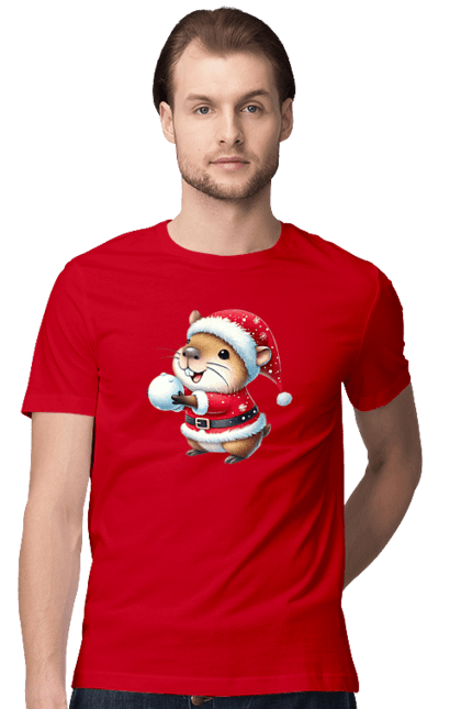 Men's t-shirt with prints Capybara playing snowballs. Animal, capybara, christmas, christmas capybara, game, gift, holiday, new year, santa, snowballs. 2070702