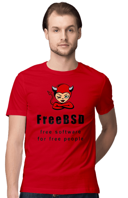 Футболка чоловіча з принтом "Freebsd Для Вільних". Bsd, freebsd, unix, адміністратор, айті, айтішник, безкоштовна, безкоштовно, бестія, вільна, демон, демонесса, доступність, незалежність, операційна система, ос, програміст, програмне забезпечення, свобода, сисадмін, система, системний адміністратор, софт, текст, червоний, чорний. 2070702