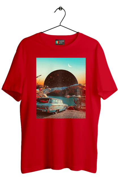 Футболка чоловіча з принтом "Картина, машина біля річки". Картина, машина, планета, прикол, ретро, річка. 2070702