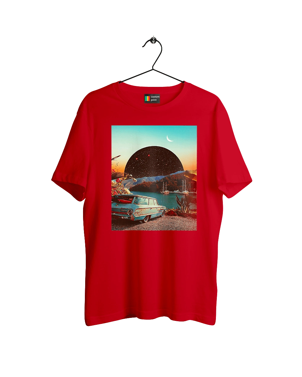 Painting, car by the river