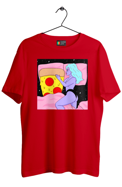 Футболка чоловіча з принтом "Фіолетова Дівчина І Піца". Дівчина, ліжко, піца. 2070702