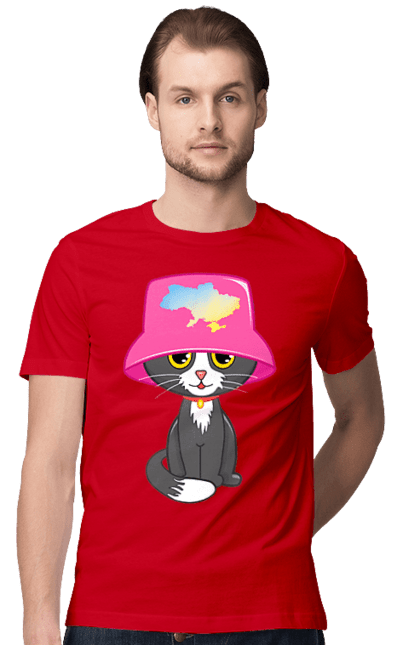 Футболка чоловіча з принтом "Котик з картою україни". Євробачення, калош, кіт, котик, музика, панама калоша, символ україни, україна. 2070702