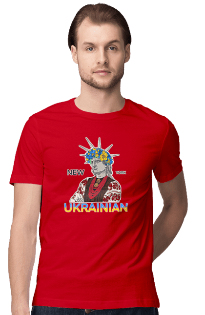 Men`s t-shirt with prints UA & NY. Embroidered shirt, new york, statue of liberty, ukraine, wreath. 2070702