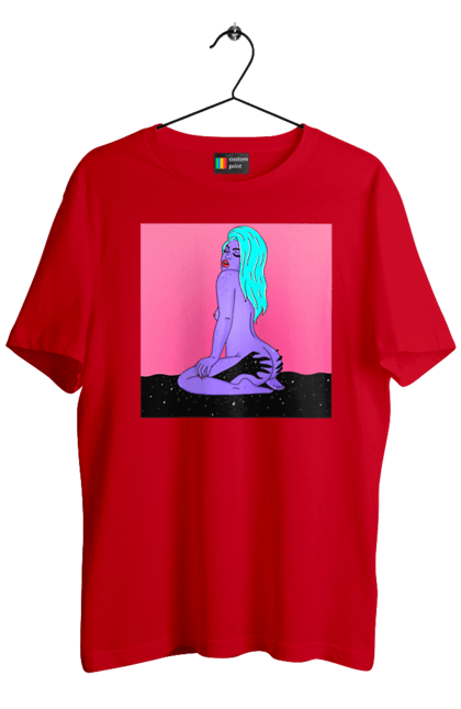 Футболка чоловіча з принтом "Фіолетова Дівчина В Руках". Дівчина, інопланетянка, сидить. 2070702