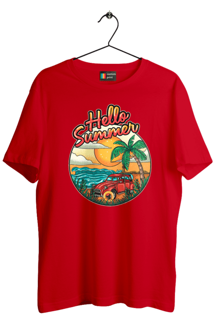 Футболка чоловіча з принтом "Привіт Літо, Машина Біля Моря". Літо, машина, острів, пальма, пляж. 2070702