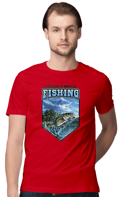 Футболка чоловіча з принтом "Keep Calm and Go Fishing". Відпочинок на природі, для рибалок, для чоловіків, мисливці та риболови, природа, рибалка, риболовля, спінінг, хоббі. 2070702