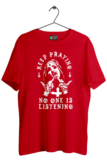 Футболка мужская с принтом Продолжай молиться никто не слушает. Крутая, модная, молодежная, монашка, никто не слушает, продолжай молиться, стильная, фак. 2070702