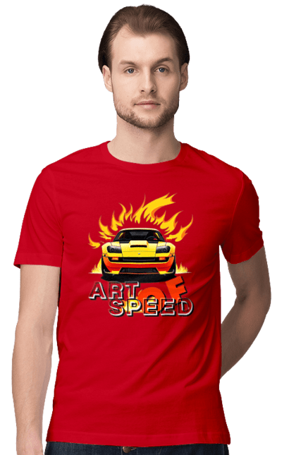 Футболка чоловіча з принтом "Машина у вогні". Автомобіль, вогонь, спортивна машина, спортивний автомобіль, швидкість. 2070702