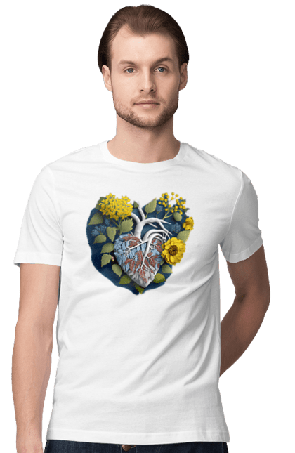 Men`s t-shirt with prints Heart flowers. Heart, i love ukraine, sunflower, symbols of ukraine, traditions of ukraine, ukraine, ukraine`s victory. 2070702