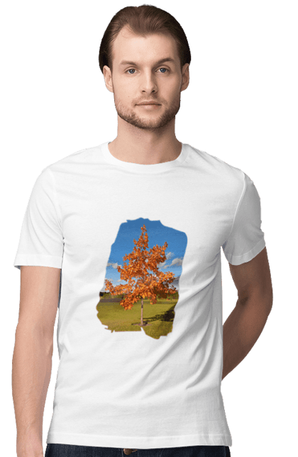 Футболка чоловіча з принтом "Осіннє дерево". Дерево, красива природа, листя, оранжевий, осінь, пожовкле листя, поле. futbolka.stylus.ua