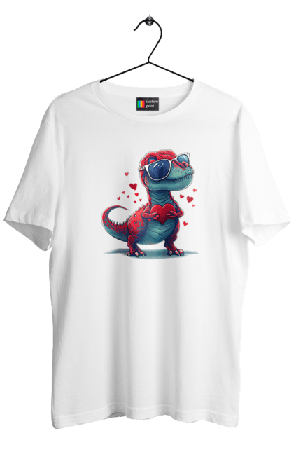 Футболка чоловіча з принтом "Динозаврик закоханий". 14 лютого, в окулярах, день закоханих, динозавр, динозаврик, діно, любов, т рекс, тиранозавр рекс. ART принт на футболках