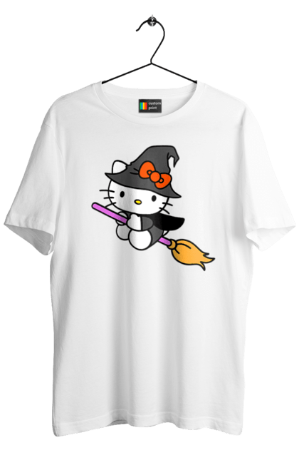 Футболка мужская с принтом Хелло Китти Хэллоуин. Halloween, hello kitty, witch, бренд, ведьма, кот, котенок, персонаж, хелло китти, хэллоуин. 2070702