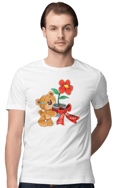 Men's t-shirt with prints Teddy bear with a flower, happy birthday. Bear, bear cub, birthday, flower. CustomPrint.market