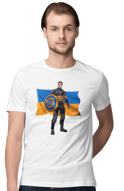 Футболка чоловіча з принтом "Капітан Україна Зеленський на фоні прапора арт". Володимир зеленський, герб україни, капітан америка, капітан україна, прапор україни, символ україни, тризуб, україна. PrintMarket - інтернет-магазин одягу та аксесуарів з принтами плюс конструктор принтів - створи свій унікальний дизайн