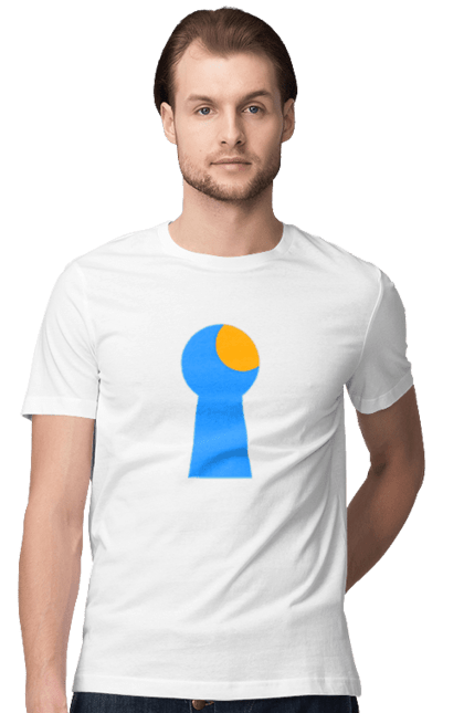 Футболка чоловіча з принтом "Замочная скважина". Відчини двері, двері, замок, ключ, свердловина, світло крізь, цікавість, щілина. 2070702