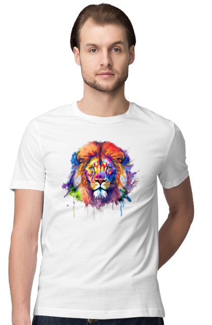 Футболка чоловіча з принтом "Лев". Арт, кіт, кольорова, лев, тварини, хижак. CustomPrint.market