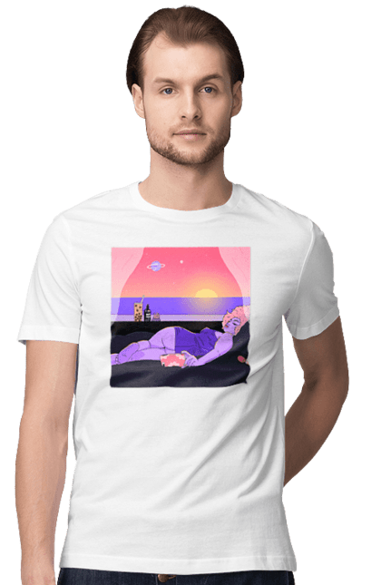Футболка чоловіча з принтом "Фіолетова Дівчина На Відпочинку". Дівчина, захід, телефон. 2070702