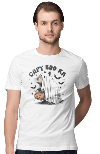 Men's t-shirt with prints Capybara Halloween. Animal, capybara, ghost, halloween, holiday, moon, pumpkin, rodent. 2070702