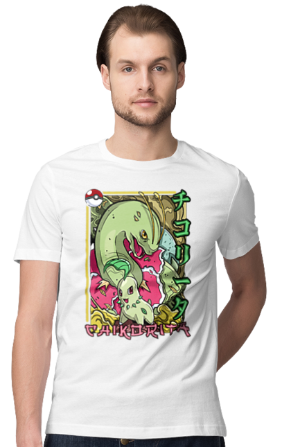 Men's t-shirt with prints Pokemon Chikorita. Anime, chikorita, games, nintendo, pokemon, pokemon go. 2070702