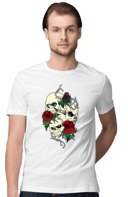 Футболка чоловіча з принтом "Черепа з трояндами". Зуби, квіти, кістки, листя, очі, троянда, троянди, череп, шипи. 2070702
