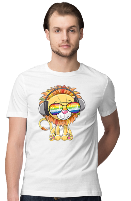 Футболка чоловіча з принтом "Левеня В Окулярах І Навушниках". Лев, левеня, навушники, окуляри. 2070702