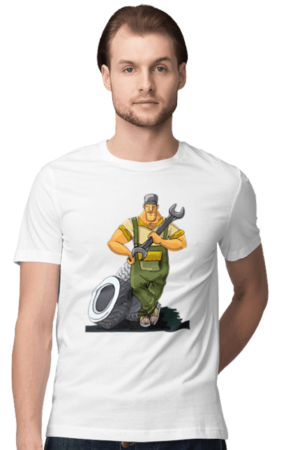 Футболка чоловіча з принтом "Автомайстер". Гайковий ключ, колеса, професія. 2070702