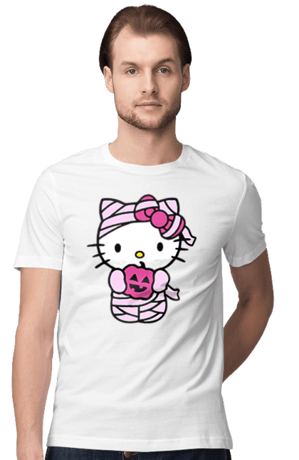 Футболка мужская с принтом Хелло Китти Хэллоуин. Halloween, hello kitty, mummy, бренд, кот, котенок, мумия, персонаж, хелло китти, хэллоуин. 2070702