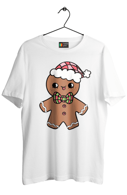 Men's t-shirt with prints Gingerbread in a Christmas hat. Christmas, christmas decor, christmas print, cookie, festive mood, gingerbread cookies, new year, sweets, winter holidays. 2070702