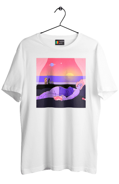 Футболка чоловіча з принтом "Фіолетова Дівчина На Відпочинку". Дівчина, захід, телефон. 2070702