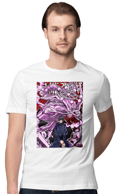 Men's t-shirt with prints Jujutsu Kaisen Megumi. Anime, dark fantasy, fushiguro, fushiguro megumi, jujutsu kaisen, magic battle, manga, megumi, mystic. 2070702