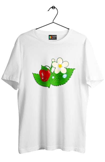 Men's t-shirt with prints Strawberry. Berry, delicacy, flowers, food, harvest, leaves, mature, red, ripe, strawberry, summer, tasty. CustomPrint.market