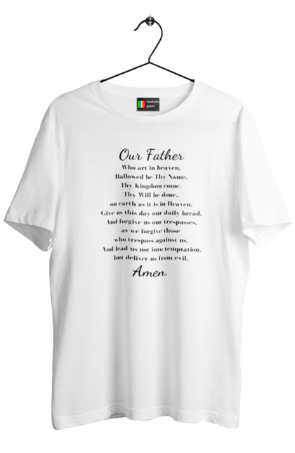 Футболка чоловіча з принтом "Молитва «Отче наш»". Библия, біблійний вірш, біблійні заповіді, бог, день батька, євангелія, молитва, молитва господня, отче наш, религия, християнин, християнство. ART принт на футболках