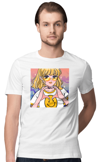 Футболка чоловіча з принтом "Жовта Дівчинка". Аніме, дівчинка, смайл. 2070702